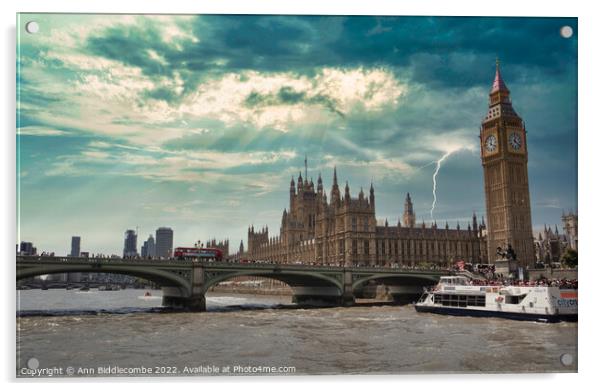 Big Ben and the houses of parliament under stormy Skys in London Acrylic by Ann Biddlecombe