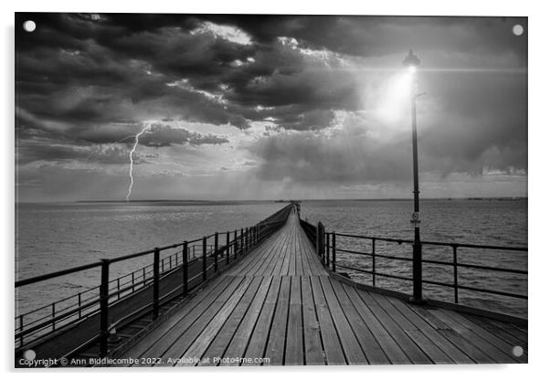 Southend on Sea pier as the storm comes in in black and white Acrylic by Ann Biddlecombe