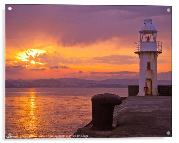 Sunset over Brixham Lighthouse Acrylic by Ann Biddlecombe