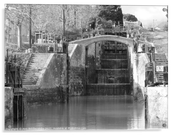 View up the locks on the Canal Du Midi in Black an Acrylic by Ann Biddlecombe