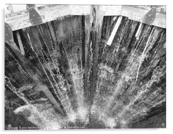 Water coming through the lock in black and white Acrylic by Ann Biddlecombe