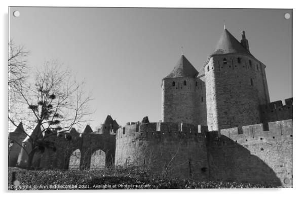 Medieval Town in Carcassonne in Black and White Acrylic by Ann Biddlecombe