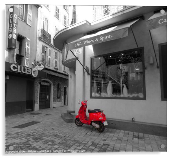 Red Vespa in Cannes Acrylic by Ann Biddlecombe