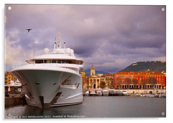 Super yacht in Nice Marina Acrylic by Ann Biddlecombe
