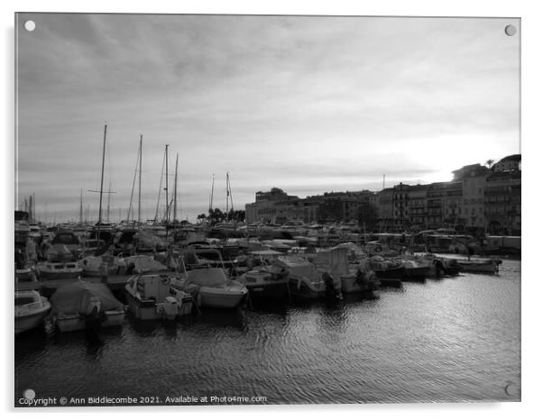 Monochrome Cannes marina at sunset Acrylic by Ann Biddlecombe