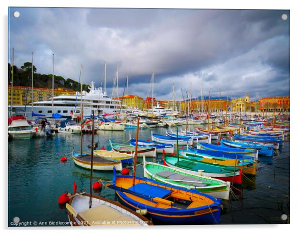 Pretty colorful boats in Nice marina Acrylic by Ann Biddlecombe