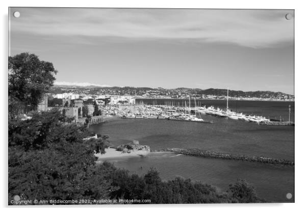 View of Port de la Napoule in Monochrome Acrylic by Ann Biddlecombe
