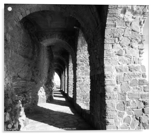 The arches of Château de la Napoule in monochrome Acrylic by Ann Biddlecombe