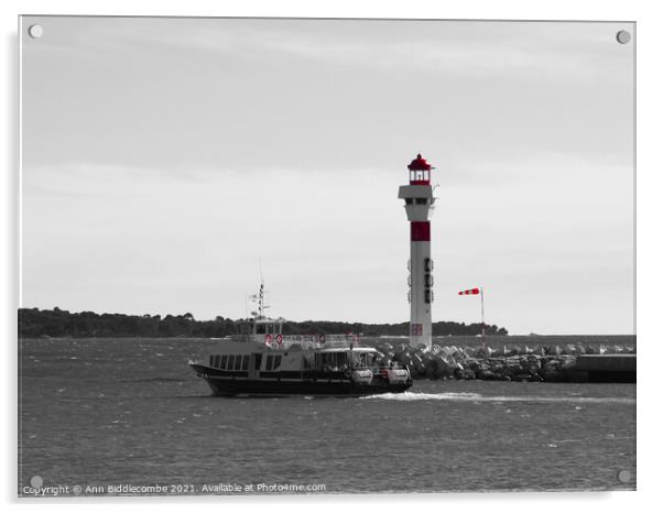 Cannes ferry to the islands in monochrome with red Acrylic by Ann Biddlecombe