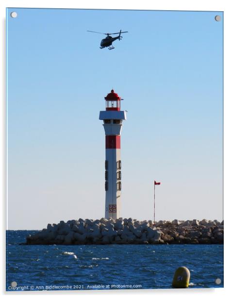 Helicopter above the Lighthouse Acrylic by Ann Biddlecombe