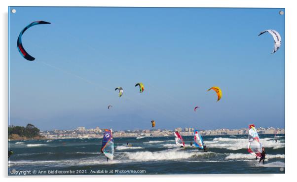  kite surfers and windsurfers  Acrylic by Ann Biddlecombe