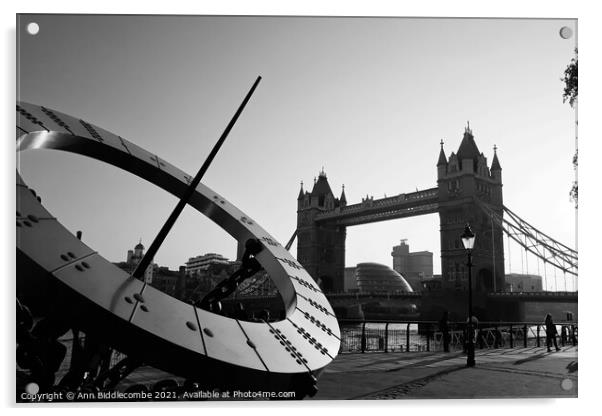 London bridge and sundial in monochrome Acrylic by Ann Biddlecombe