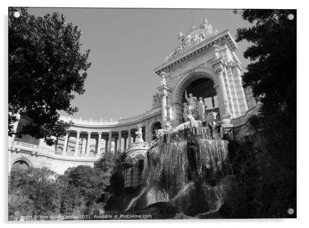 Waterfall at Palais Longchamp in black and white Acrylic by Ann Biddlecombe