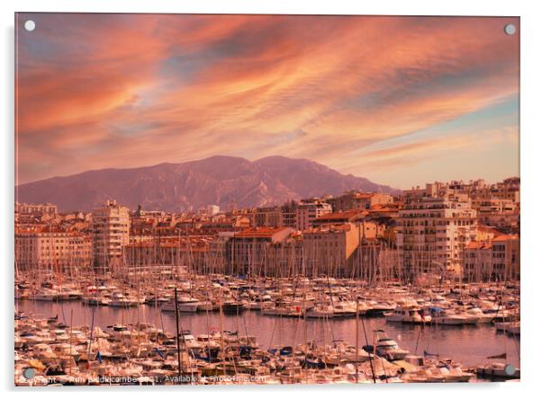 Red sky in Marseille harbor cityscape Acrylic by Ann Biddlecombe