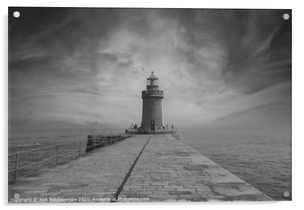 Guernsey Lighthouse in black and white Acrylic by Ann Biddlecombe