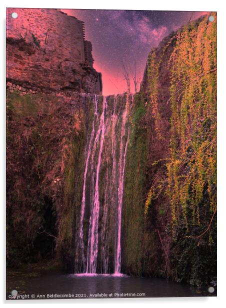 A waterfall at Saint-Guilhem-le-Désert Acrylic by Ann Biddlecombe