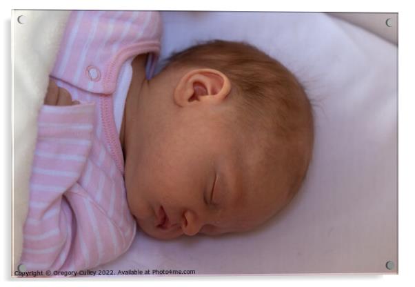 Sleeping newborn baby girl wearing a pink sleepsui Acrylic by Gregory Culley