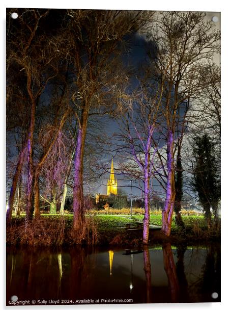 Norwich Cathedral at night through lilac trees Acrylic by Sally Lloyd