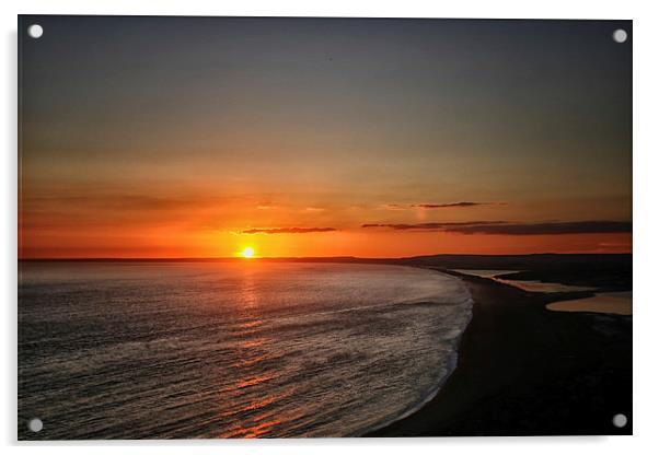  Sunset over Chesil.  Acrylic by Mark Godden