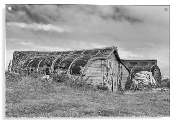 Fishermen's Huts in monochrome.  Acrylic by Mark Godden