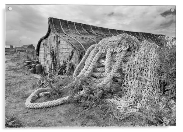 Fisherman's store in monochrome. Acrylic by Mark Godden