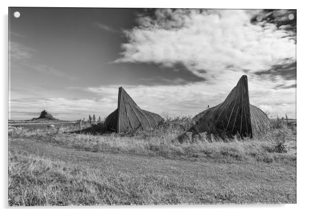Fishermen's huts in monochrome. Acrylic by Mark Godden