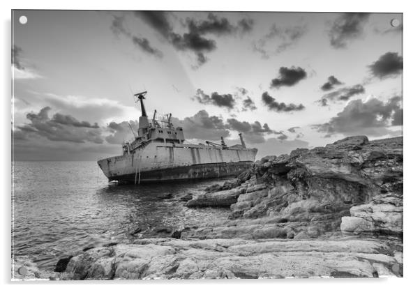Wreck of the Edro 3 in monochrome. Acrylic by Mark Godden