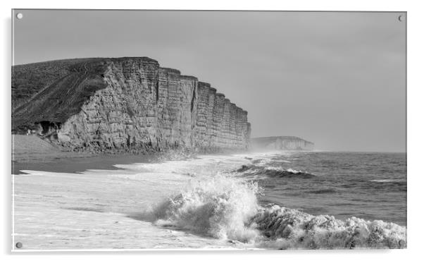 West Bay's East Cliff in monochrome.  Acrylic by Mark Godden