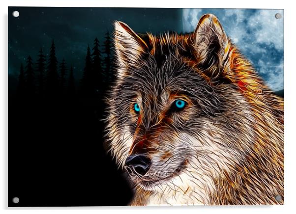 Fractal flame wolf head with moon behind, digital  Acrylic by Tanya Hall