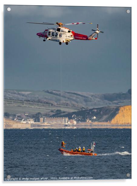 Lyme Regis RNLI Practice (2) Acrylic by Philip Hodges aFIAP ,