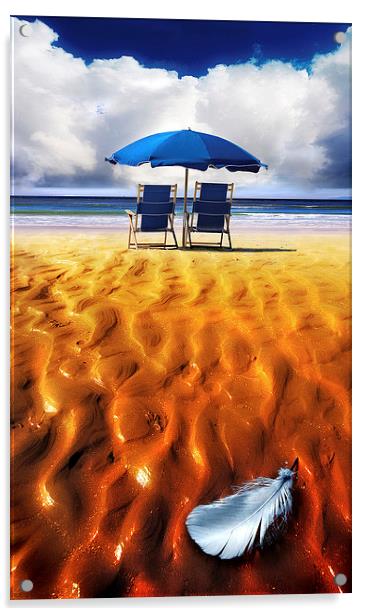  Deckchairs and Parasol on a Beach Acrylic by Mal Bray