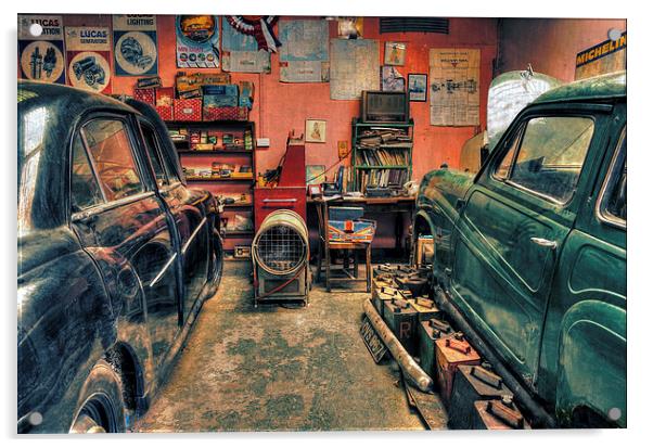  Vintage cars in a garage for repair Acrylic by Mal Bray