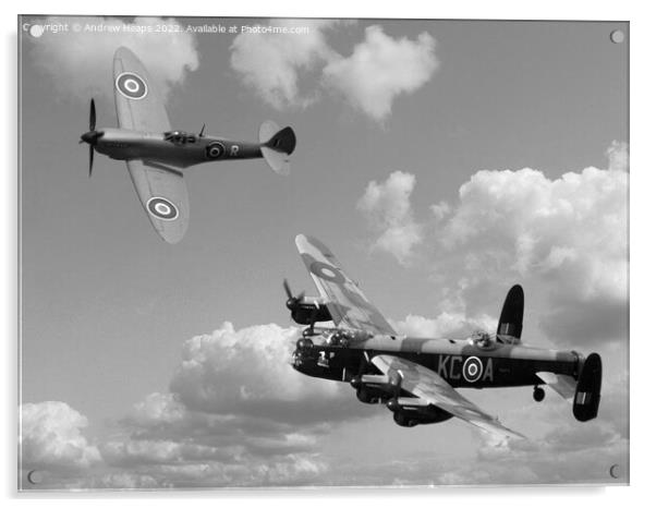 Lancaster bomber and blue spitfire in black & whit Acrylic by Andrew Heaps