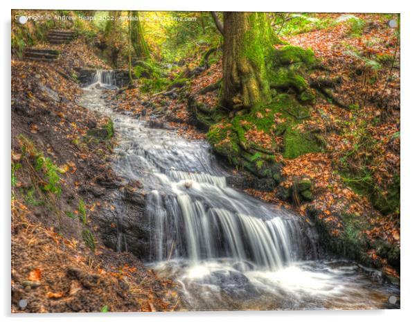 Autumnal waterfall in woodland. Acrylic by Andrew Heaps