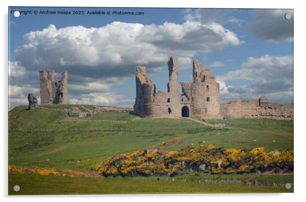 Dunstanburgh Castle ruins in summer sunshine. Acrylic by Andrew Heaps