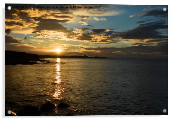 Sunset over bay in Northumberland coastline. Acrylic by Andrew Heaps