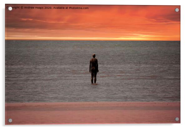 Statue on Crosby beach with a sunset Acrylic by Andrew Heaps