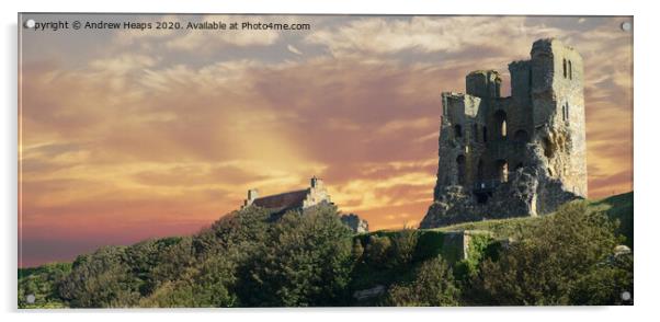 Scarborough castle with sun going down. Acrylic by Andrew Heaps