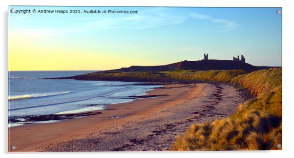 Sunset scene looking towards Dunstanburgh Castle. Acrylic by Andrew Heaps