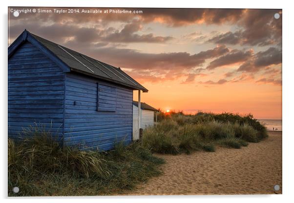 Beach hut sunset in the dunes Acrylic by Simon Taylor