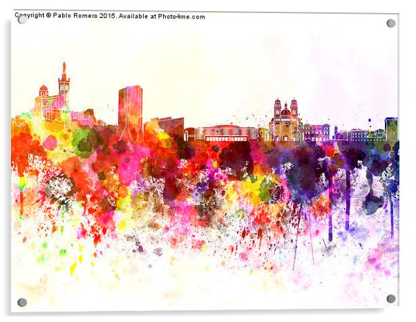 Marseilles skyline in watercolor background Acrylic by Pablo Romero