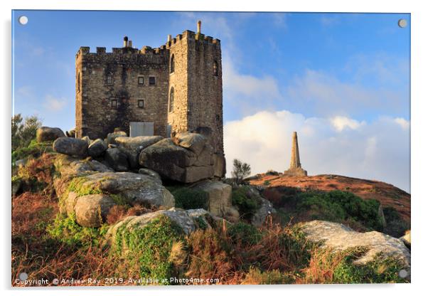 Castle and monument (Carn Brea) Acrylic by Andrew Ray