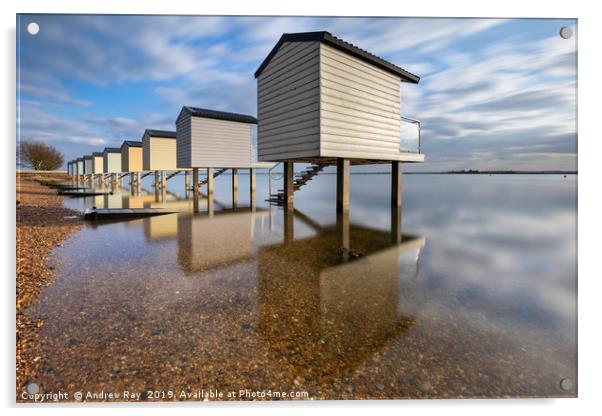 Reflections at Osea Beach Huts. Acrylic by Andrew Ray