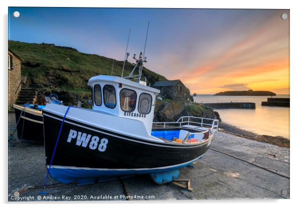 Boats at sunset (Mullion Cove) Acrylic by Andrew Ray