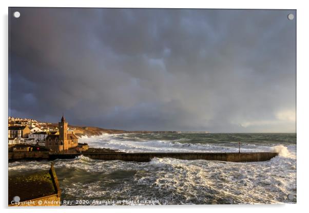 Storm Clouds over Porthleven Pier Acrylic by Andrew Ray
