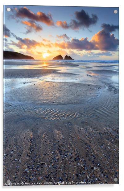 Setting Sun at Low Tide (Holywell Bay) Acrylic by Andrew Ray
