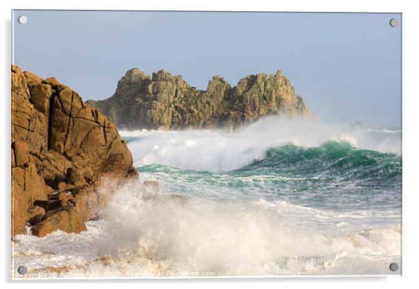 Rough seas at Porthcurno Acrylic by Andrew Ray