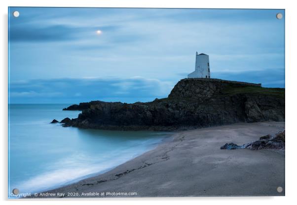 Moon at Llanddwyn Island. Acrylic by Andrew Ray