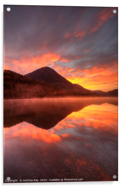 Sunrise at Crummock Water. Acrylic by Andrew Ray