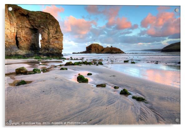 Perranporth Arch at sunrise Acrylic by Andrew Ray